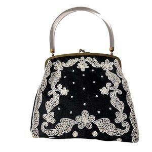 Vintage Paris France Embroidered Bag Lucite Handle Kiss Lock 10”